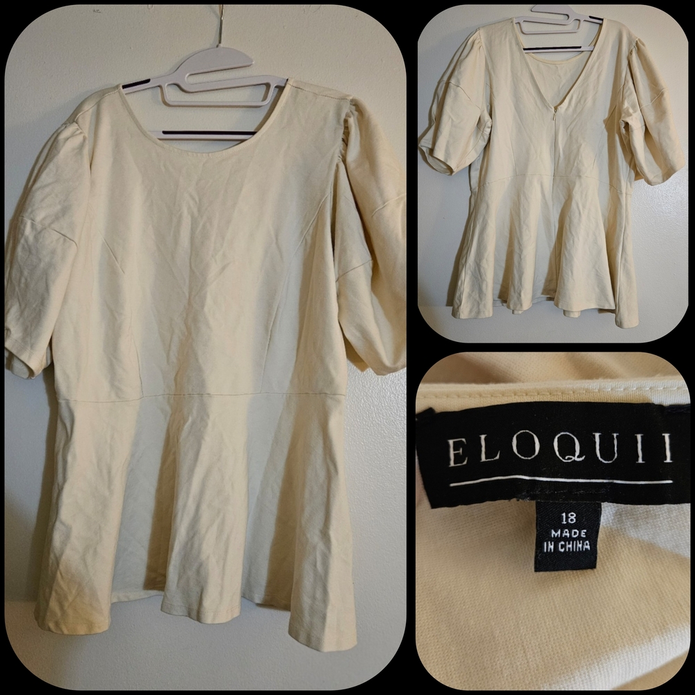 SIZE 18 ELOQUII cream fit flare puff sleeve peplum blouse top shirt (B14)